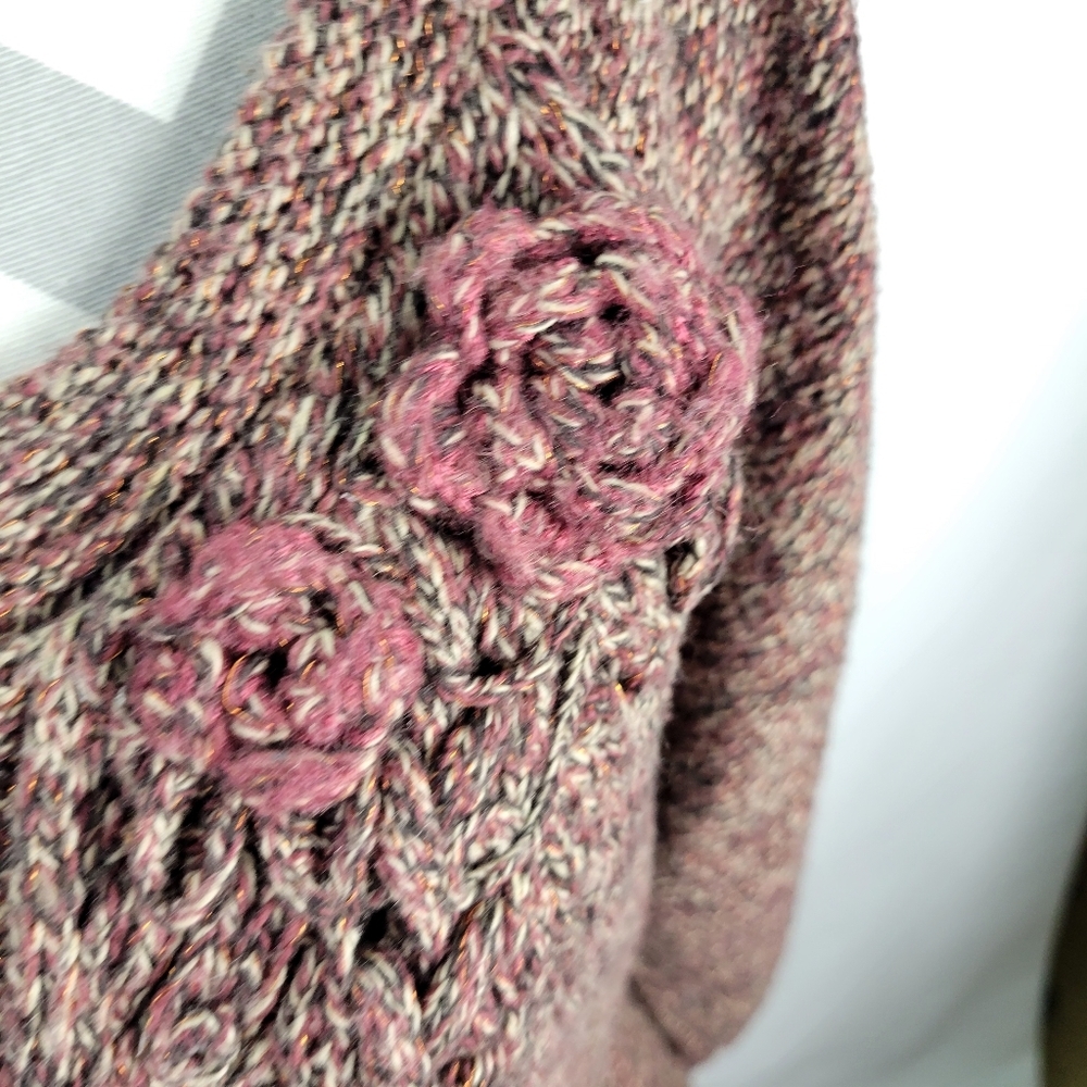 DKNY Jean Cardigan Cotton Blend Flower Embellishment Marled Pink Brown Size XL - Picture 10 of 15